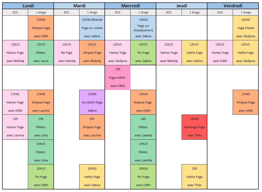 planning cours de yoga pilates yoga aérien 20025-26